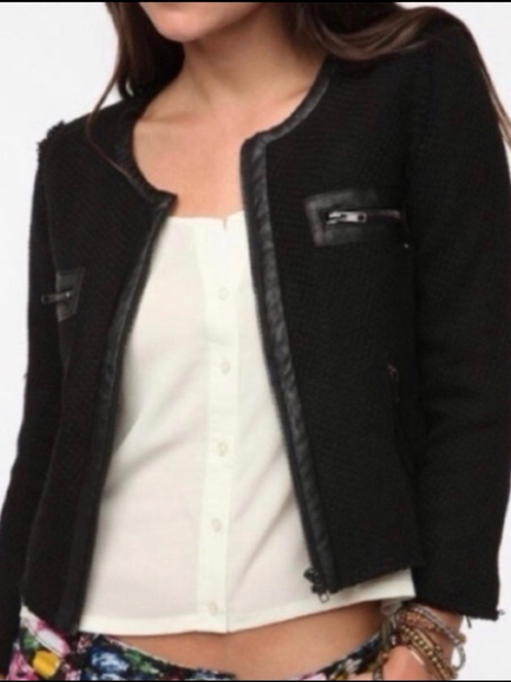 UO Edgy Boxy Fit Zip Up Black Tweed Blazer Jacket Leather Trim, NWOT, Size L